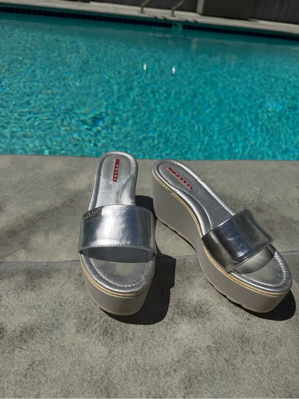 Authentic Vintage PRADA Silver  Leather Wedge Sandals Platform Slide 37.5